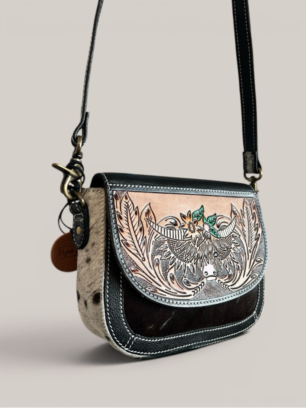 Myra Bag Tooled Leather Cowhide Crossbody Western Floral Purse Boho Cowgirl - Picture 4 of 11